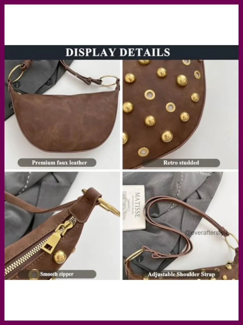 Vintage Studded Faux Leather Hobo Crescent Crossbody Bag Y2K Shoulder Purse